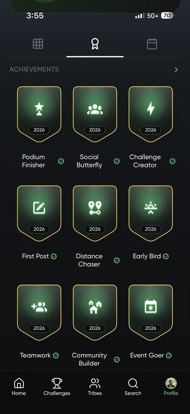 Sweats fitness app achievements screen with unlocked badges like Podium Finisher and Social Butterfly
