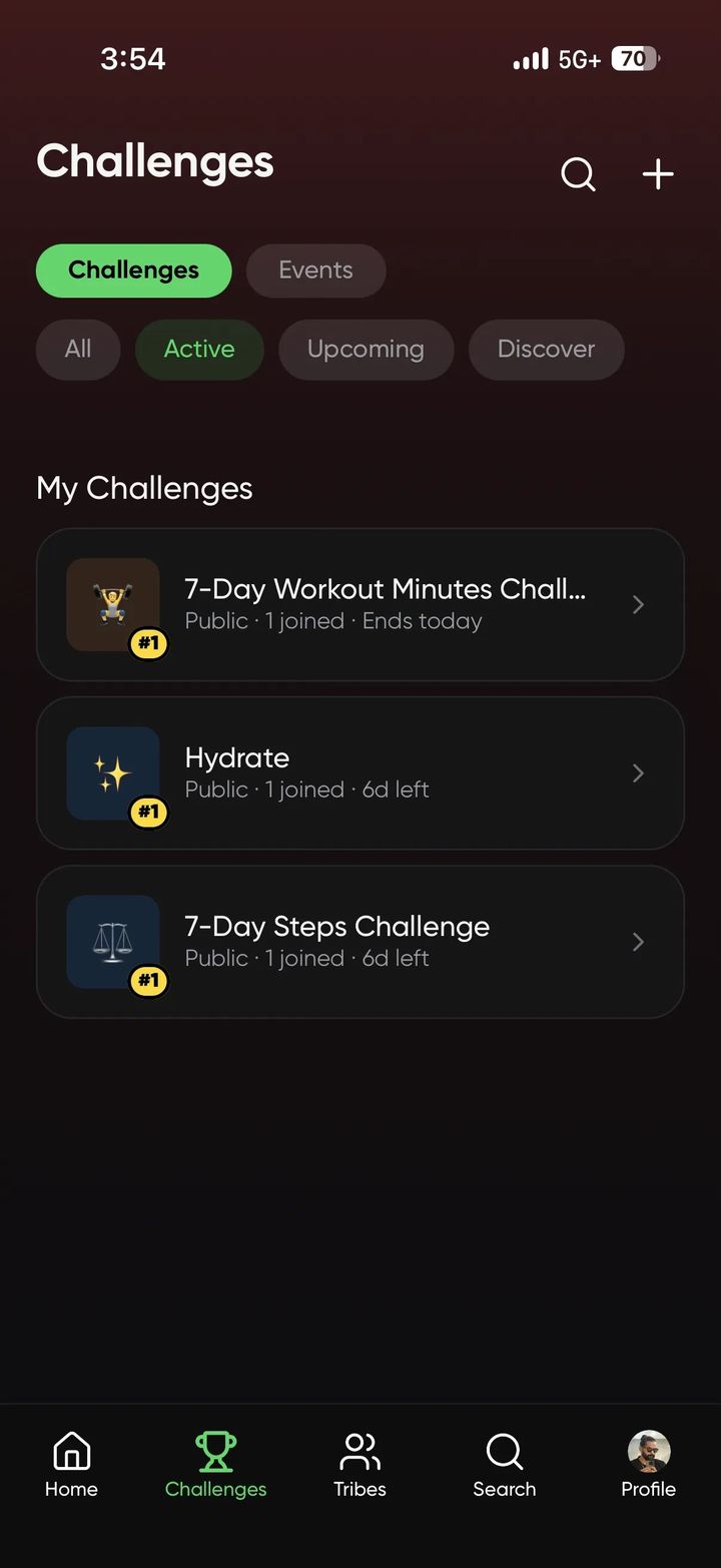 Sweats challenges tab listing active challenges including a 7-day workout minutes challenge, a hydration challenge, and a 7-day steps challenge