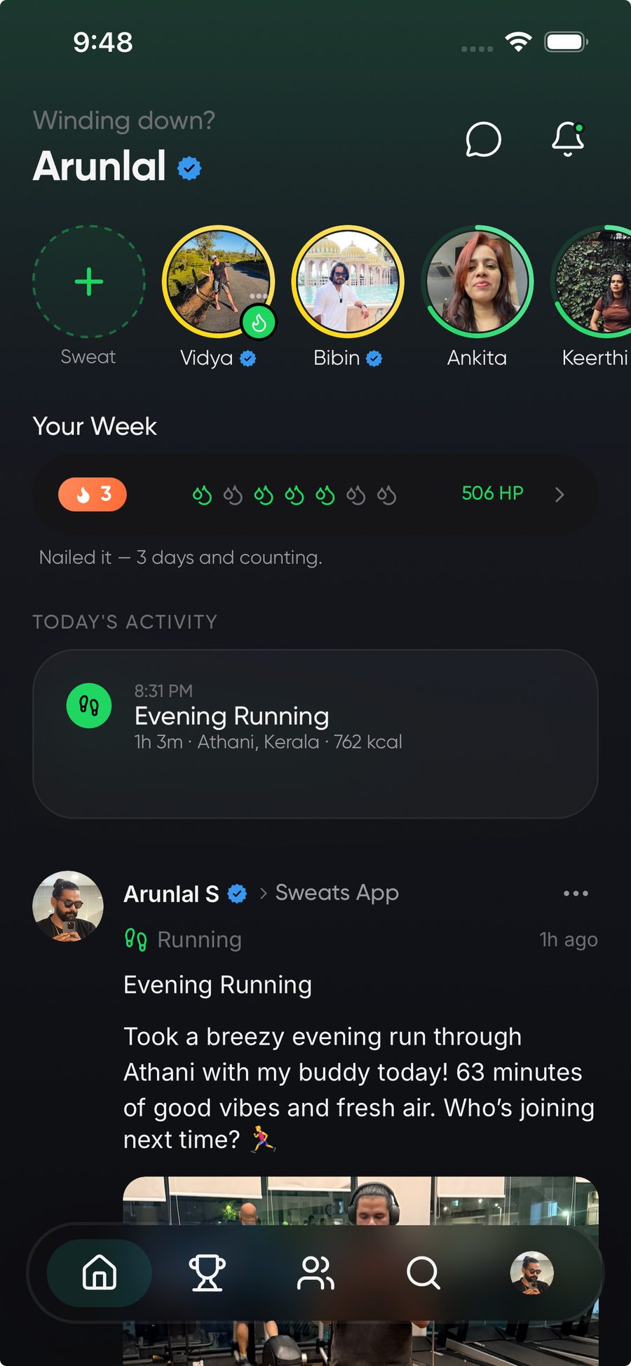 Sweats social fitness app feed showing a friend's GPS-tracked workout with route, time, and calories