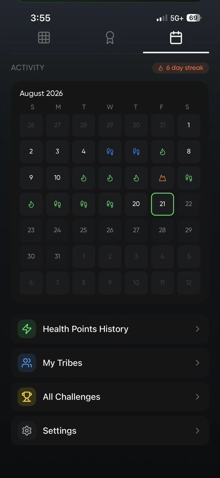 Sweats workout streak calendar screen showing a daily fitness activity streak across the month
